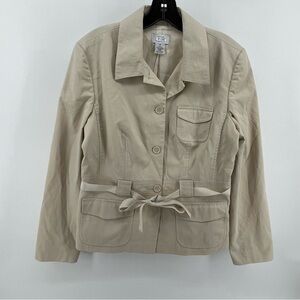 Ann Taylor Loft beige Button Front Collared Jacket with Pockets belted Size 10